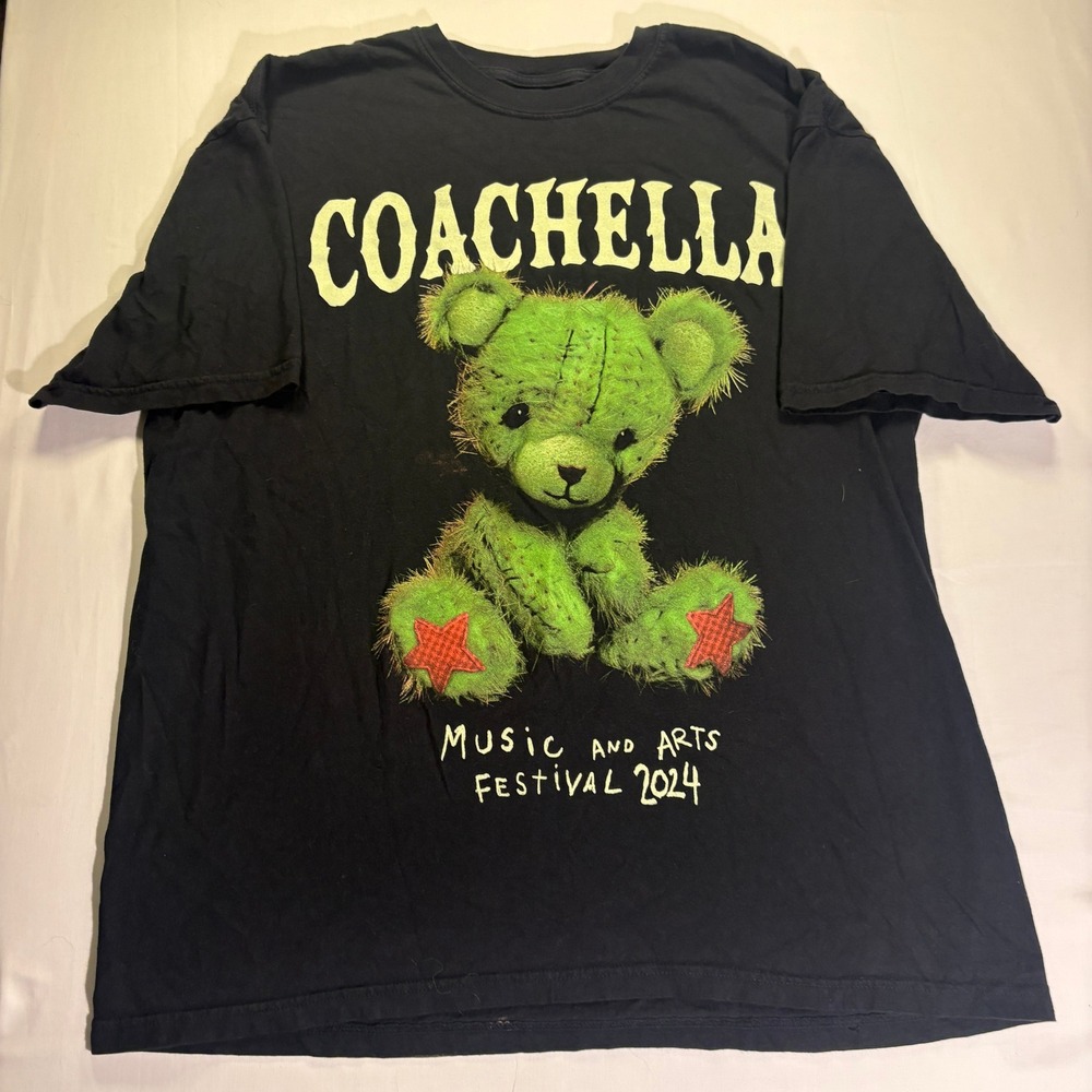 Coachella Music Arts Festival 2024 Green Bear Graphic T-Shirt Black XL